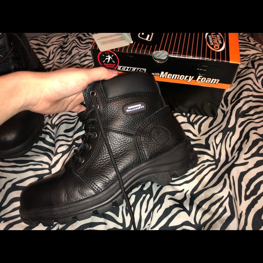 SKECHERS memory foam, steel toe boots.